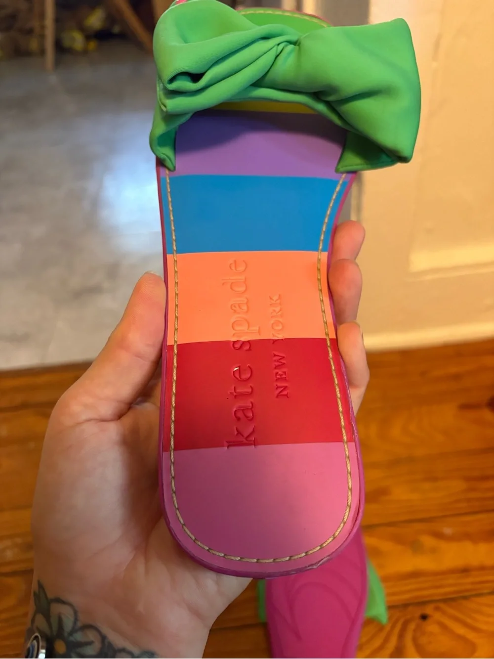 kate spade Green Bow Multicolor Stripe Slide Sandals
